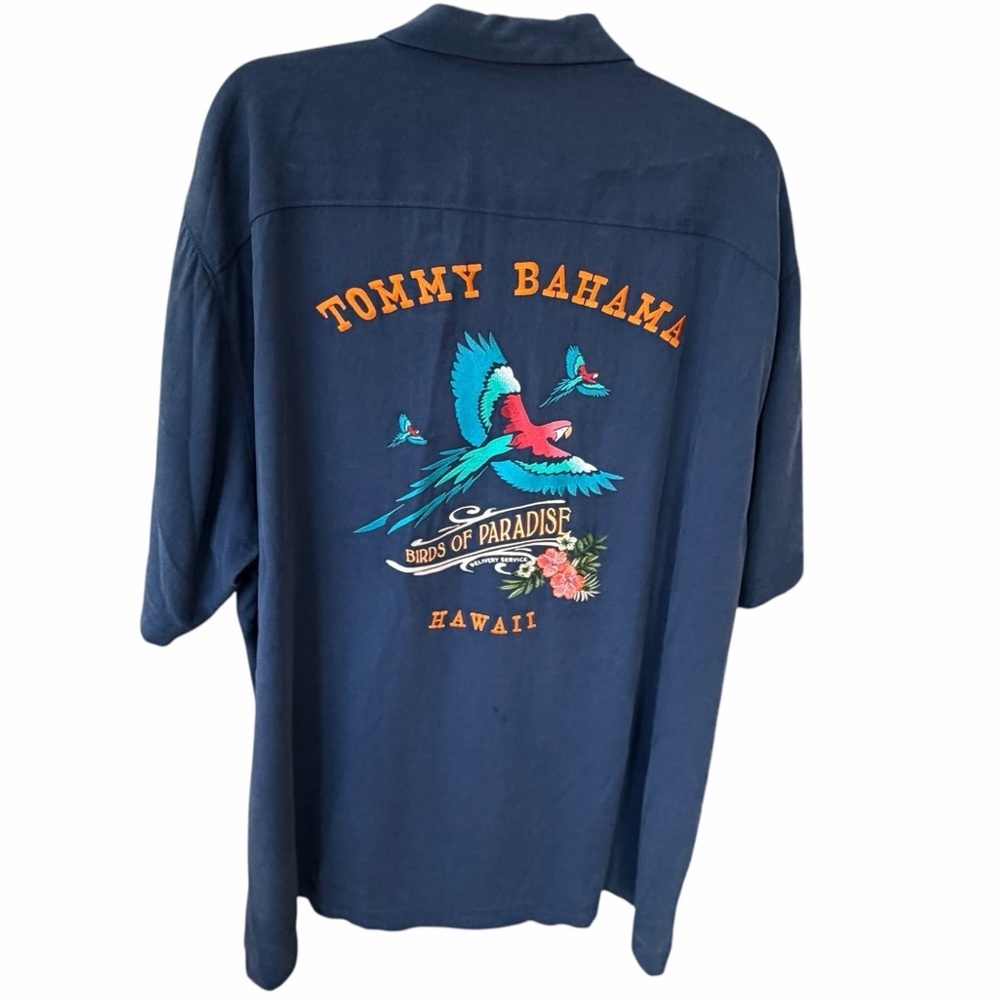 Tommy Bahama Navy Button-Down with Turquoise & Coral Bird Graphic